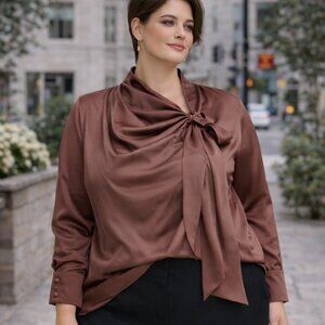 Eloquii Plus Size Satin Tie Neck Draped Wrap Blouse Brown 18
